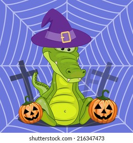 Halloween illustration of Cartoon Crocodile with pumpkin 