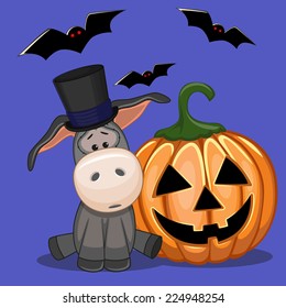 Halloween illustration of Cartoon Donkey with pumpkin 