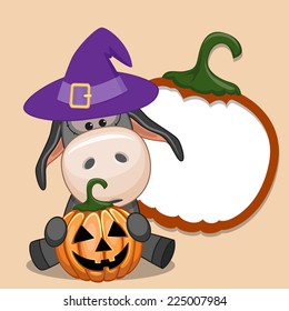 Halloween illustration of Cartoon Donkey with pumpkin 