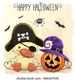 Halloween illustration of Cartoon Duck in a Pirate hat and pumpkin