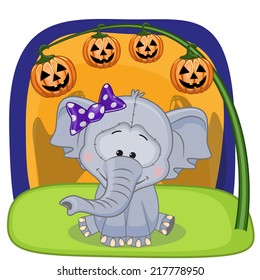 Halloween illustration of Cartoon Elephant with pumpkin 