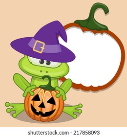 Halloween illustration of Cartoon Frog with pumpkin 