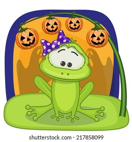 Halloween illustration of Cartoon Frog with pumpkin 