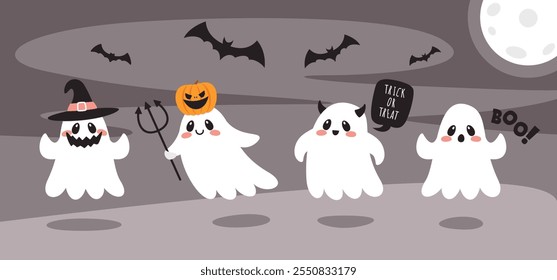 Halloween Illustration With Cartoon Ghost Characters
