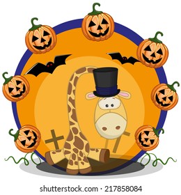 Halloween illustration of Cartoon Giraffe with pumpkin 
