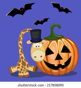 Halloween illustration of Cartoon Giraffe with pumpkin 