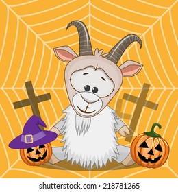Halloween illustration of Cartoon Goat with pumpkin 