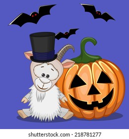 Halloween illustration of Cartoon Goat with pumpkin 