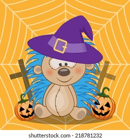 Halloween illustration of Cartoon Hedgehog with pumpkin 