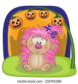 Halloween illustration of Cartoon Hedgehog with pumpkin 