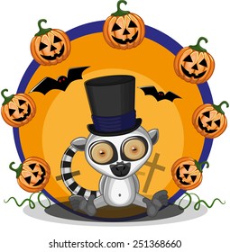 Halloween illustration of Cartoon Lemur with pumpkin 