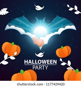 Halloween illustration. Cartoon paper pumpkin and bat. Vector eps 10