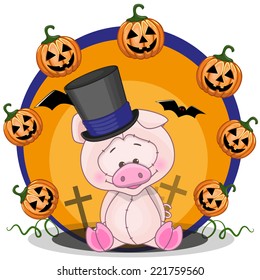 Halloween illustration of Cartoon Pig with pumpkin 