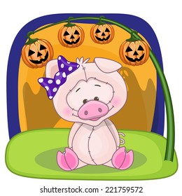 Halloween illustration of Cartoon Pig with pumpkin 