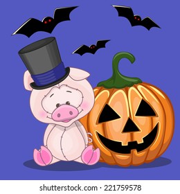Halloween illustration of Cartoon Pig with pumpkin 