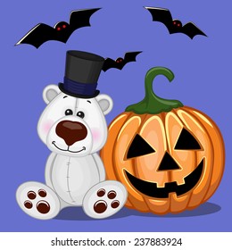 Halloween illustration of Cartoon Polar Bear with pumpkin 