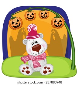 Halloween illustration of Cartoon Polar Bear with pumpkin 