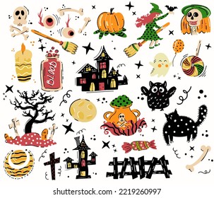 Halloween illustration cartoon set collection. Cute clip art with skull, witch, cat, pumpkin and other spooky theme. Autumn October holiday seasonal graphic elements design. Simple flat style.