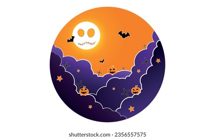 Ilustración de Halloween, cielo de caricatura con luna y nubes. Cartel. Cartel. Postal.