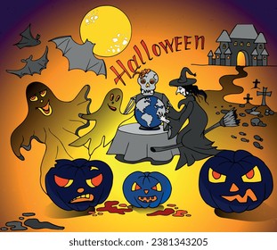 Halloween illustration in cartoon style, with a witch, zombies, ghosts, bats, pumpkins and an ancient castle. A vector image is good for banners, flyers, invitations, etc.