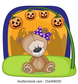 Halloween illustration of Cartoon Teddy Bear with pumpkin 