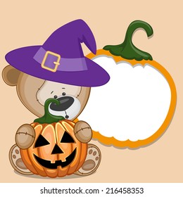 Halloween illustration of Cartoon Teddy Bear with pumpkin 