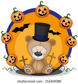 Halloween illustration of Cartoon Teddy Bear with pumpkin 