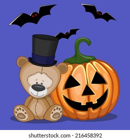 Halloween illustration of Cartoon Teddy Bear with pumpkin 