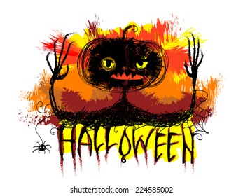 Halloween illustration. Carved pumpkin head black silhouette and text on a paint splash of autumn colors. Hand drawn vector art. As design element, card, web site design, cover. Isolated on white. 