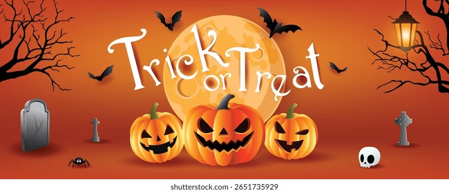 Ilustração de Halloween com abóboras esculpidas, morcegos, cemitério, crânio e lua cheia sobre fundo laranja. Perfeito para temas de férias assustadores.