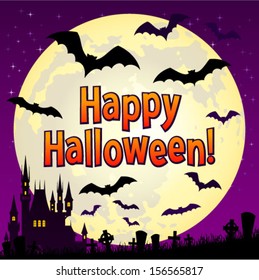 Halloween illustration with castle and bats on full moon background