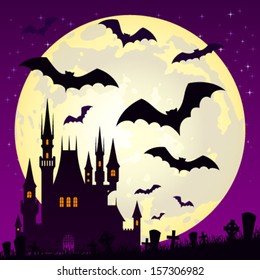 Halloween illustration with castle and bats on full moon background
