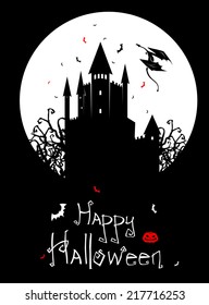 Halloween illustration with castle and bats on full moon background