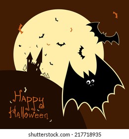 Halloween illustration with castle and bats on full moon background