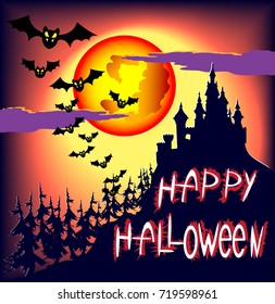 Halloween illustration with a castle and bats on moon background. Vector illustration