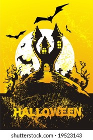 halloween illustration with castle & bats,cemetery