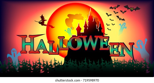 Halloween illustration with a castle, ghosts, witch, and bats on moon background.Gift card. Vector illustration