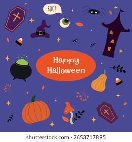 Halloween illustration with castle, pumpkins, spiders, eye, leaves, inscriptions, coffin, witch hat, mushrooms and sweets