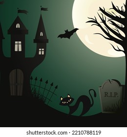 halloween illustration with castle, tombstone and black cat on big moon background in dark colors