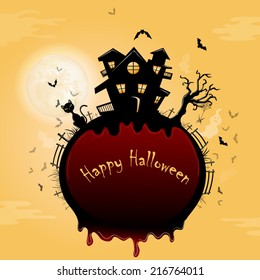 Halloween illustration with cat, bats and castle 