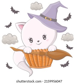 Halloween illustration of a cat with a broom. Vector illustration of Halloween animal. Cute little illustration Halloween cat for kids, fairy tales, covers, baby shower, textile t-shirt, baby book.