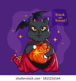 Halloween illustration of a cat with devil horns and in a red cloak with a pumpkin in its paws and the words Trick or Treat. Bat behind the back, vampire fancy dress