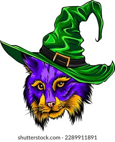 Halloween Illustration of a Cat Dressed as a Witch