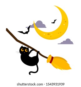 Halloween illustration of a cat hanging on a broom on white background