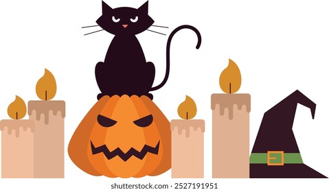 Halloween illustration with cat on a pumpkin with candles and a witch hat in flat style. Simple vector shapes. Spooky background for cards and posters