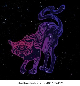 Halloween illustration. Cat with ornament isolated on white background. Intricate hand drawing. Halloween concept design. T-shirt print. Tattoo design. EPS10 vector illustration.