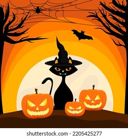 Halloween illustration with a cat and a pumpkin against the background of a large moon in orange colors