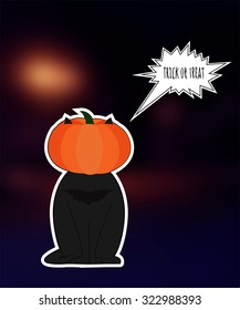 Halloween illustration. A cat with a pumpkin on his head on a bl