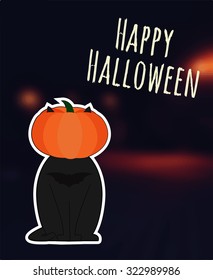Halloween illustration. A cat with a pumpkin on his head on a bl