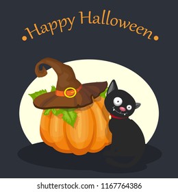 Halloween illustration - cat and pumpkin, vector